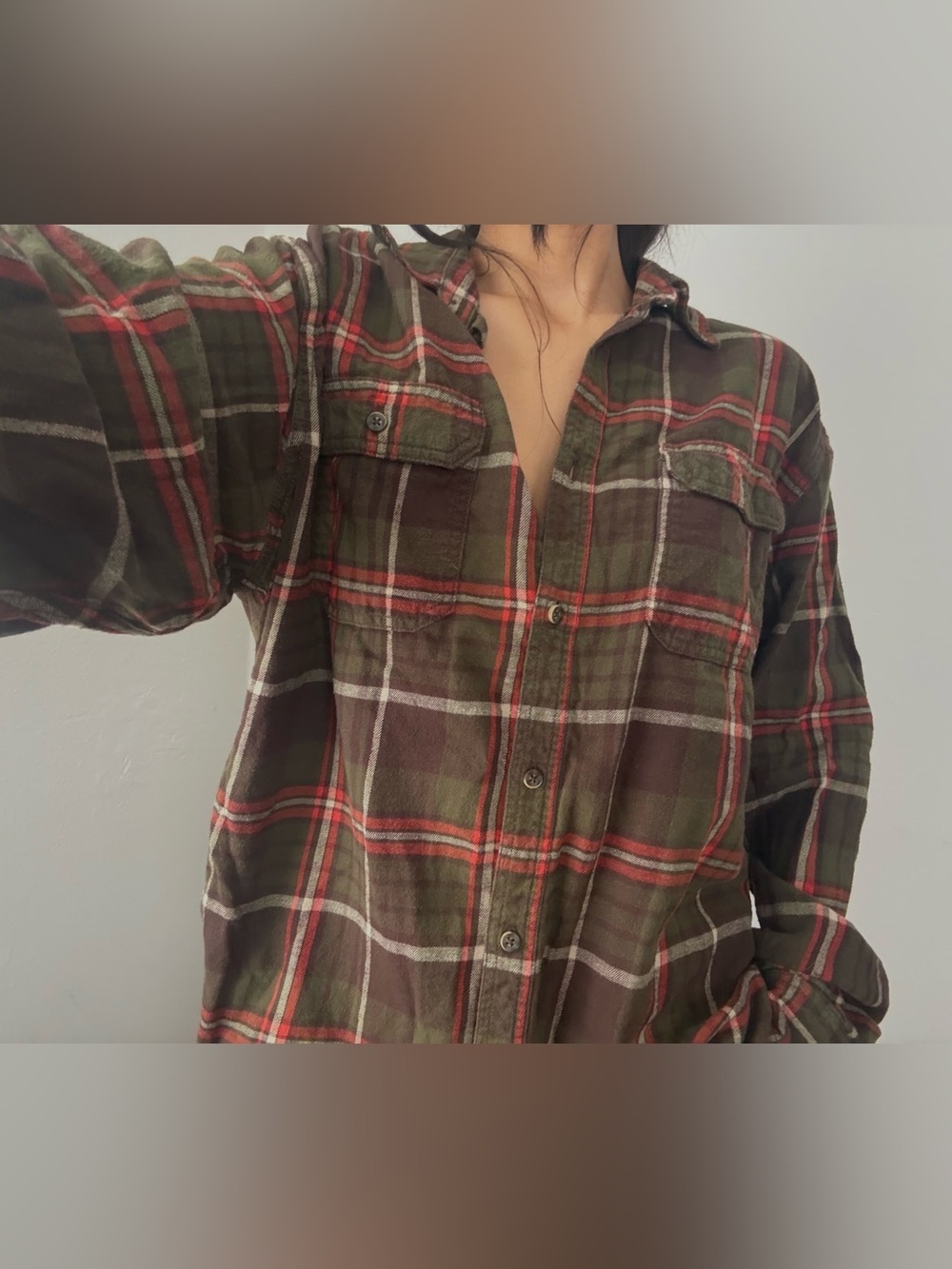 George Olive Green and Orange Plaid Button-Down Shirt